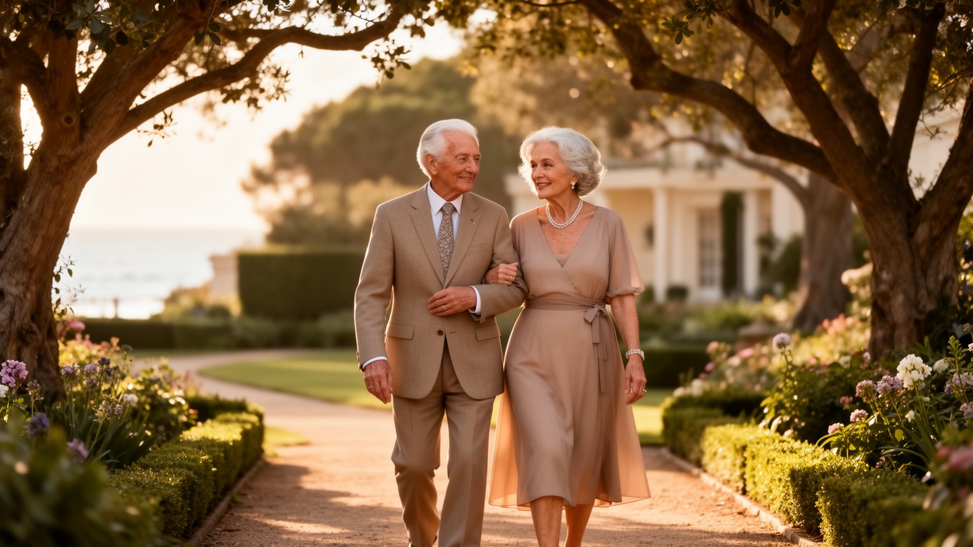 An elegant elderly couple walking together in a garden
